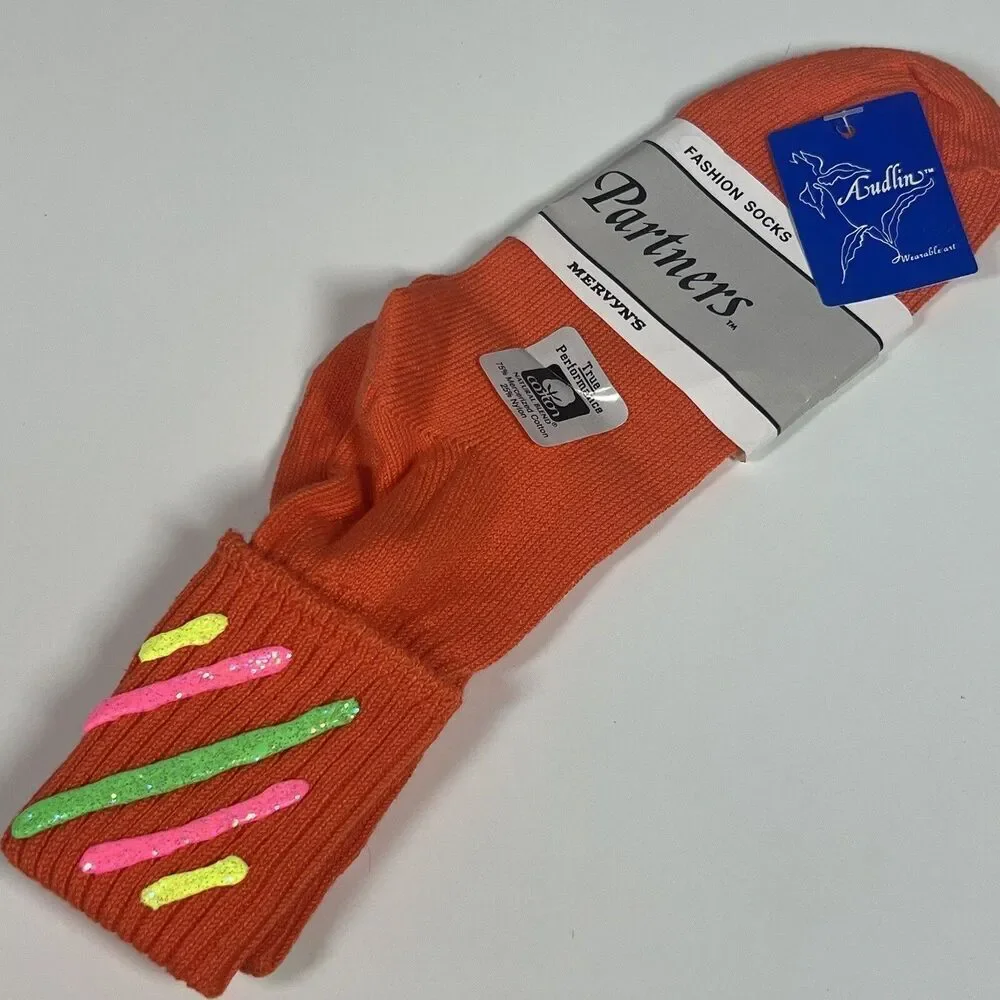 Vintage Mervyn’s Partners Orange 80’s Cuffed Anklet Socks Women Size 9-11 NOS